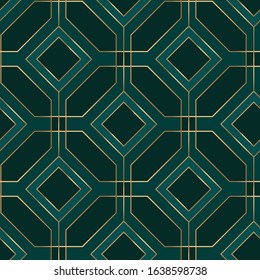 Geometric seamless pattern with golden, green and blue colors. Art deco style. Vector illustration.