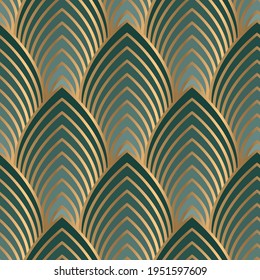 Geometric seamless pattern with golden and green colors. Vector illustration. 