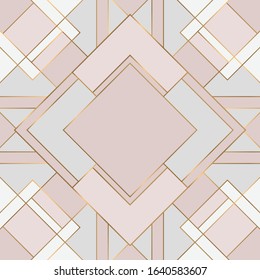 Geometric seamless pattern with golden, grey and pink colors. Art deco style.