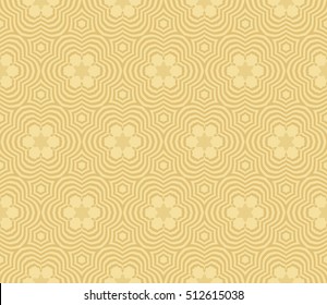 Geometric seamless pattern. Golden line, shape. Yellow background. Vector illustration. For the interior design, wallpaper, decoration print, fill page