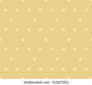 Geometric seamless pattern. Golden line, shape. Yellow background. Vector illustration. For the interior design, wallpaper, decoration print, fill page
