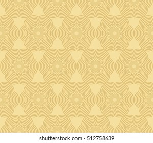 Geometric seamless pattern. Golden line, shape. Yellow background. Vector illustration. For the interior design, wallpaper, decoration print, fill page