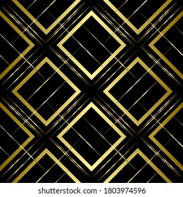 Geometric seamless pattern. Golden lines and squares on a black background