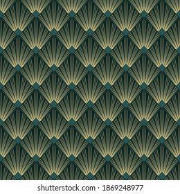 Geometric seamless pattern with golden lines on a green background in art deco style.