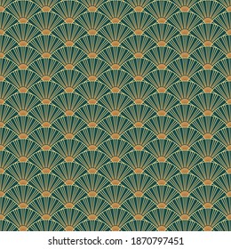 Geometric Seamless Pattern With Golden Lines. Green Background In Art Deco Style.