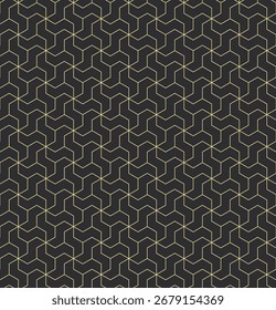 Geometric seamless pattern with golden lines of a hexagonal cube on a dark background. Vector illustration