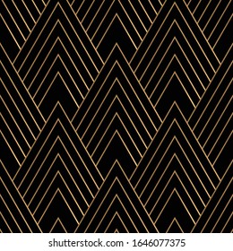 Geometric seamless pattern golden on black background. Art deco style.
