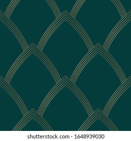 Geometric seamless pattern golden on green background. Art deco style. Vector background.