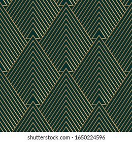 Geometric Seamless Pattern Golden On Green. Art Deco Style. Vector Background.