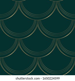 Geometric seamless pattern golden on green. Art deco style. Vector background.