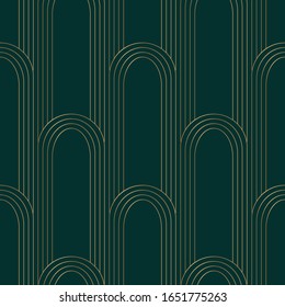 Geometric seamless pattern with golden on green background. Art deco style. Vintage seamless pattern.