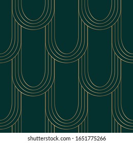 Geometric seamless pattern with golden on green background. Art deco style. Vintage seamless pattern.