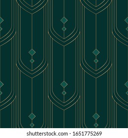 Geometric seamless pattern with golden on green background. Art deco style. Vintage seamless pattern.