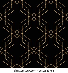 Patrón geométrico sin fisuras con dorado en un patrón negro sin fisuras. Ilustración vectorial.
