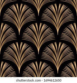 Geometric seamless pattern golden on black. Vector illustration. Art deco style.