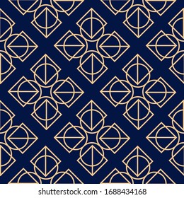 Geometric seamless pattern. Golden print on dark blue background. Vector illustration