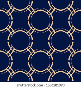 Geometric seamless pattern. Golden round design on dark blue background. Vector illustration