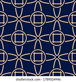 Geometric seamless pattern. Golden round design on dark blue background. Vector illustration