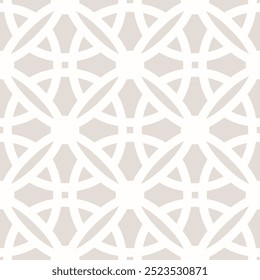 Geometric seamless pattern in gothic style. Subtle abstract vector ornament texture with flower shapes, crosses, circle, lattice, grid. Simple beige and white geo background with medieval motifs