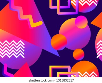 Geometric seamless pattern with gradient shapes memphis style. Zine culture abstract background. Retrowave. Vector illustration