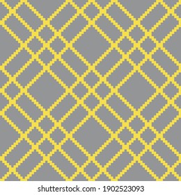 Geometric seamless pattern with gray pixel art rhombus on yellow background. Abstract diamond vector pattern. Simple vector illustration. Geometric zigzag design for fabric, wallpaper, textile