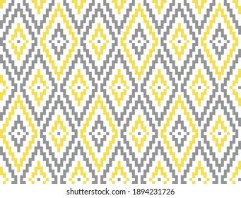 Geometric seamless pattern with gray and yellow pixel art rhombus on white background. Abstract diamond vector pattern. Simple vector illustration. Geometric design for fabric, wallpaper, textile