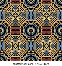 Geometric seamless pattern. Greek knitted colorful background. Repeat tribal ethnic style backdrop. Geometrical abstract ornament. Geometry shapes, lines, hexagon, mandalas, knitted ropes, frames.