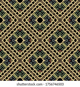 Geometric seamless pattern. Greek knitted colorful background. Repeat tribal ethnic waffle backdrop. Geometrical abstract ornament. Geometry shapes, lines, knitted ropes, rhombus frames, greek key.