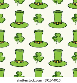 Geometric seamless pattern with green clover and hat for St. Patrick Day's on a light background. 