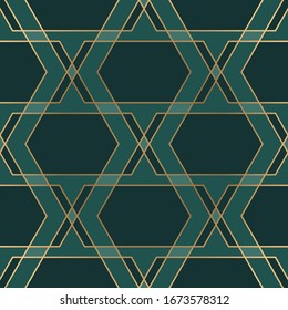 Patrón geométrico sin fisuras con colores verde y dorado. 