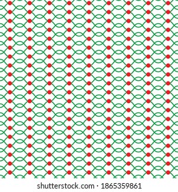 Geometric seamless pattern of green network and red circles. Vector illustration on a white background.