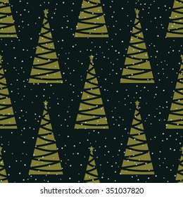 Geometric seamless pattern from green spruce shapes of cropped lines and glowing snow on black background. 


