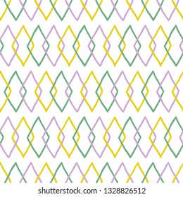 Geometric seamless pattern with green, yellow and pink rhombus on white background. Perfect for wallpaper and gift paper