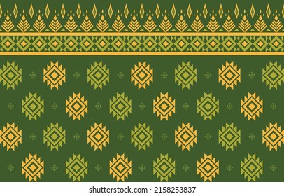 Geometric seamless pattern with green and yellow flowers, boho motif, maya, aztec ornament illustration.