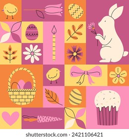 Geometric seamless pattern for Happy Easter. Trendy minimalistic illustration in pastel colors. Collection of holiday icons. Website decoration, graphic elements. Holiday covers, posters, banners