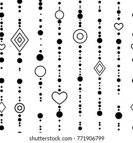 Geometric seamless pattern. heart, circles, rhombus, beads