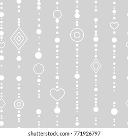Geometric seamless pattern. heart, circles, rhombus, beads