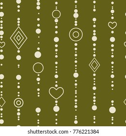 Geometric seamless pattern. heart, circles, rhombus, beads