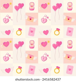 Geometric seamless pattern with heart, love letter, balloons, engagement ring, lock and key. Valentine's day vector illustration background. Detailed cartoon element for  packaging, designs