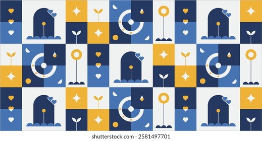 Geometric Seamless Pattern with hearts, doors, and more