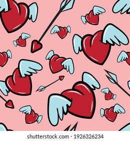 Geometric seamless pattern of hearts and love arrows