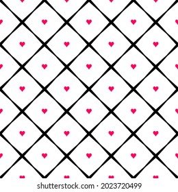 Geometric seamless pattern with hearts and rhombs. Abstract vector diamond net. Romantic artistic illustration for fabric design, wallpaper, decorative paper, web design, templates, collages.