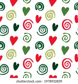 Geometric seamless pattern of hearts and spirals, abstract background of simple shapes