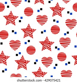 Geometric seamless pattern with hearts, stars, squares, and circles in red color on white background.