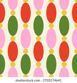 Geometric seamless pattern with holiday christmas oval-shaped decorations. Vector flat background in vintage mid century modern style