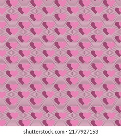 Geometric seamless pattern. Hot pink hearts on polygon pattern background. Retro stylish vector illustration. Interior design, home textile pattern. Wall and tile floor decoration. Surface pattern.