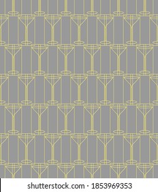 Geometric seamless pattern. Illustration of cocktail glass, alcoholic drink, dry Martini. Stylish monochrome gold thin outline texture. Light gray color background is easy to change. Vector 10