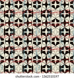Geometric seamless pattern illustration in cream, orange, green, black and white. Vector illustration with polygons and hexagons layered with splattered glowing texture.