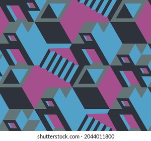 Geometric seamless pattern with the image of buildings, cities, boxes. Vector design for posters, paper, wallpapers, fabrics, cards. Isometry.