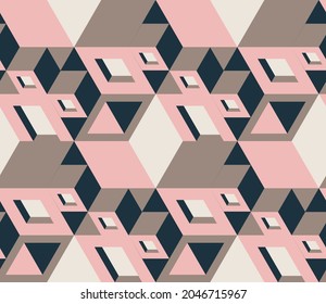 Geometric seamless pattern with the image of buildings, cities, boxes. Vector design for posters, paper, wallpapers, fabrics, cards. Isometry.